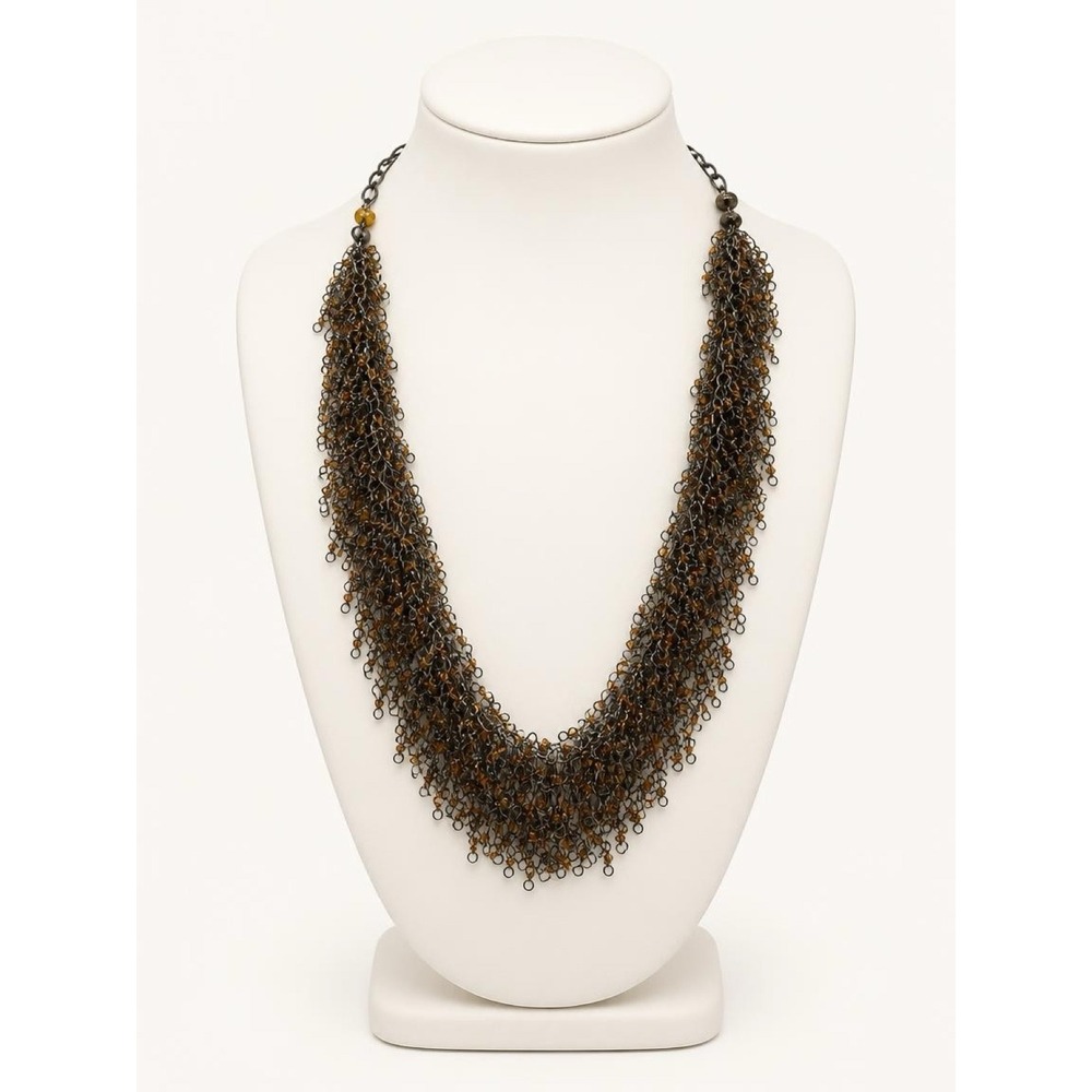Boho Amber Beaded Bib Necklace and Dangle Earrings Set Gunmetal Fringe.